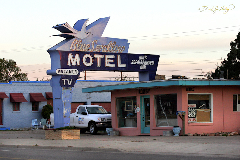 092 Historic Blue Swallow Motel, Tucumcari, NM -- So as I pull into the NAPA repair shop across the street (Route 66) from here ... the car dies.  The mechanic tells me they are just closing but they'll check it out tomorrow.  I gather what gear I can from a car with windows stuck partially down and hope for the best.  I get a room at the 