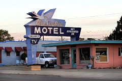 092 Historic Blue Swallow Motel, Tucumcari, NM -- So as I pull into the NAPA repair shop across the street (Route 66) from here ... the car dies.  The mechanic tells me they are just closing but they'll check it out tomorrow.  I gather what gear I can from a car with windows stuck partially down and hope for the best.  I get a room at the 